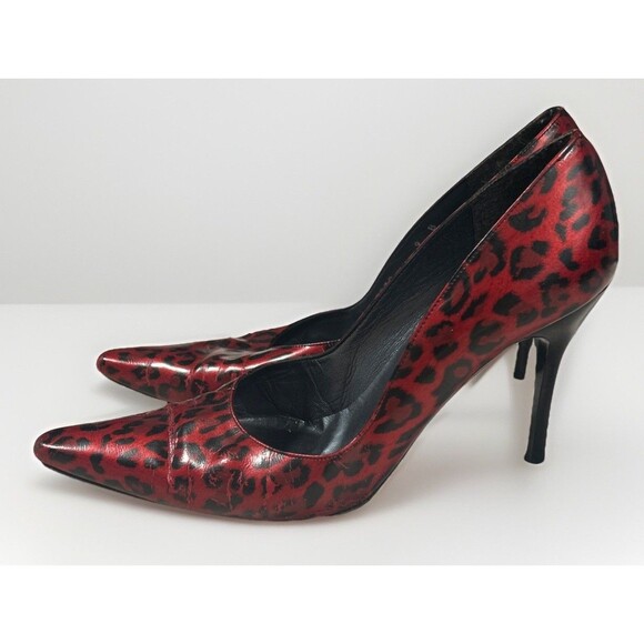 Stuart Weitzman Patent Leather Animal Print Red Black Heels Leopard Cheetah Sz 9 - Picture 1 of 10